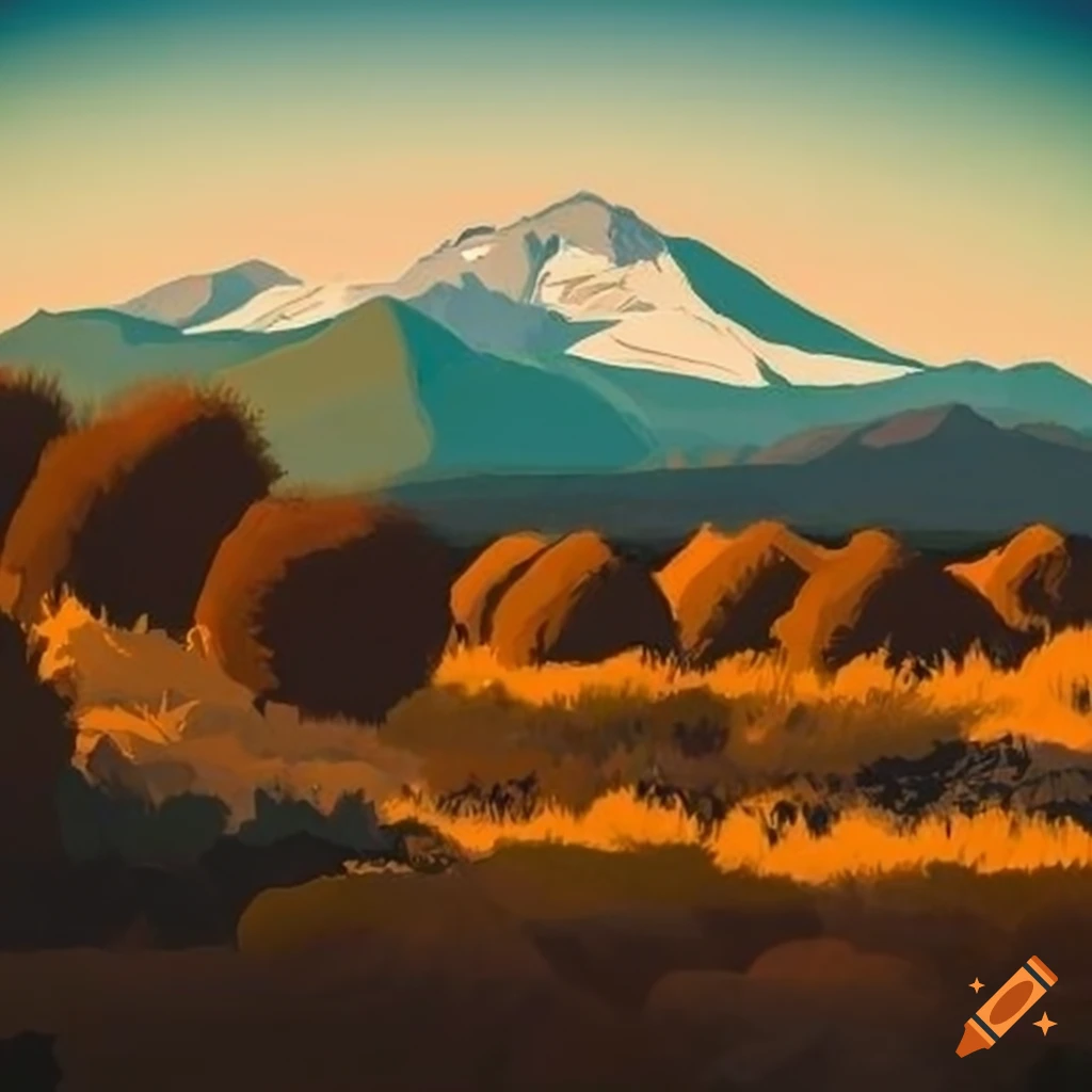 Landscape with evergreen trees, desert shrubs, mountain, cattle, and ...