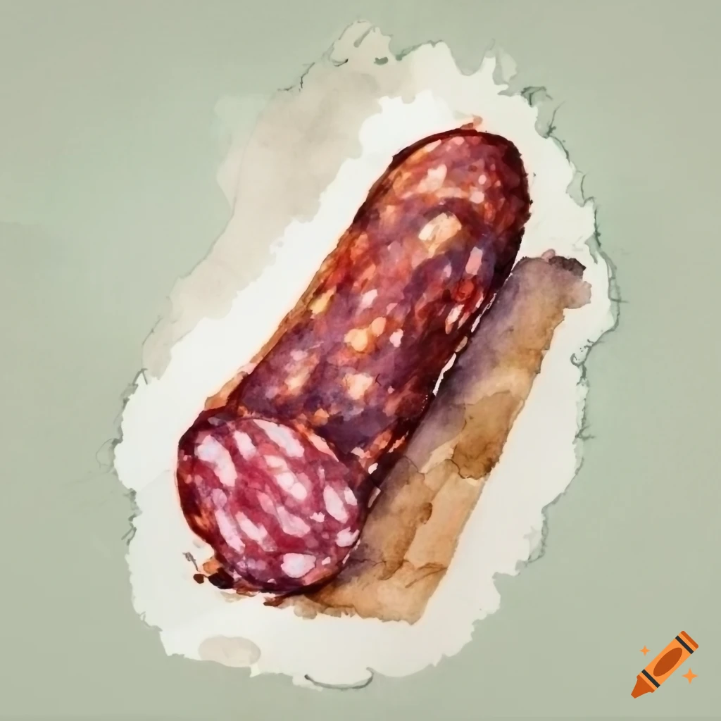 Salami on a white background drawn with crayon in comic style