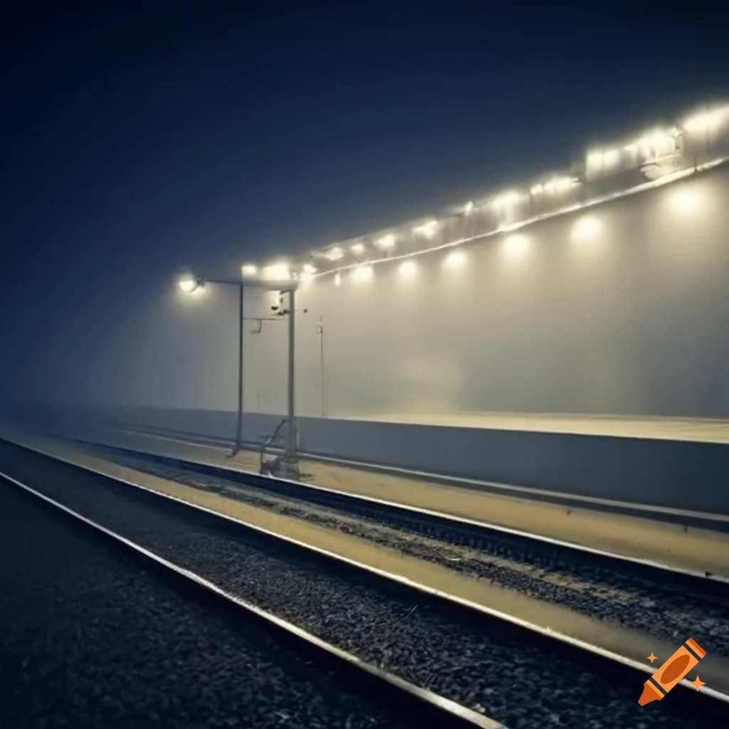 Railway station with dim lighting and light fog