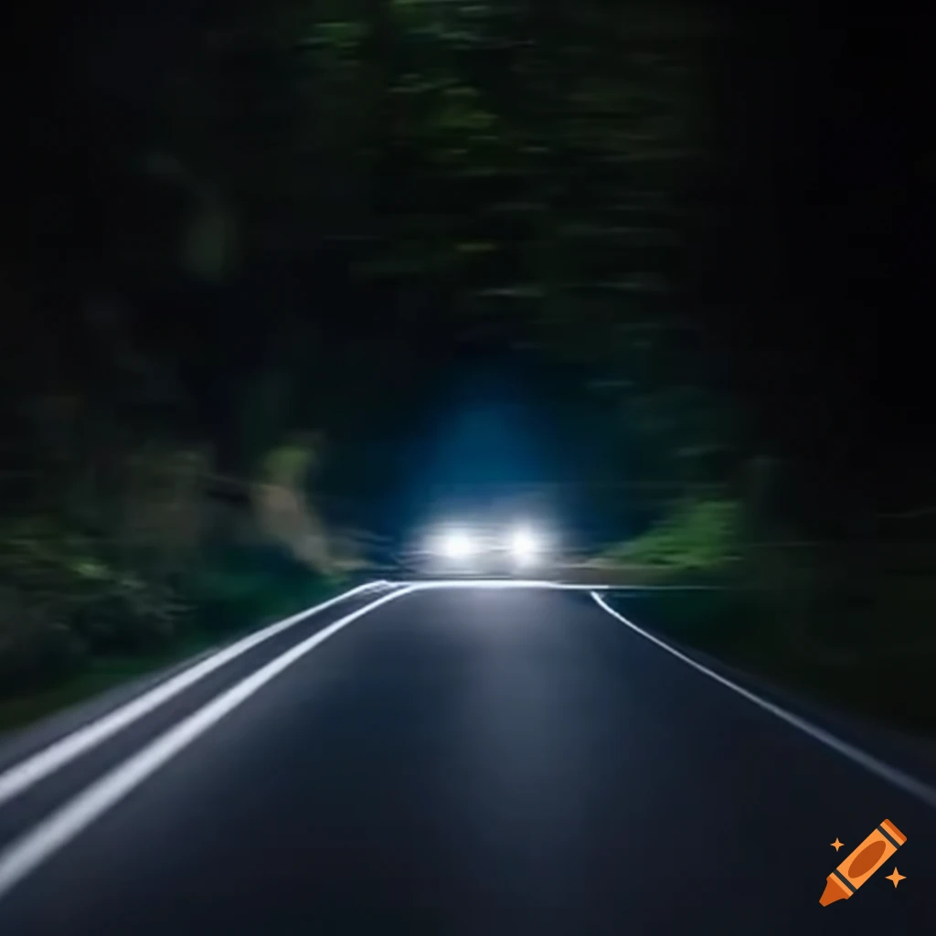 Bright car headlights shining on a dim road on Craiyon