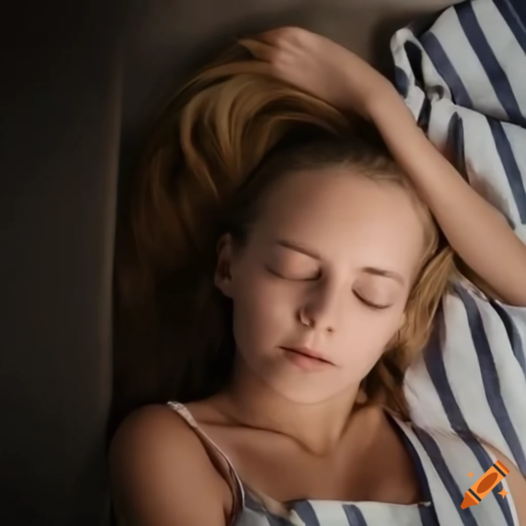 Young Tea Leoni sleeping with arms overhead and dramatic shadows