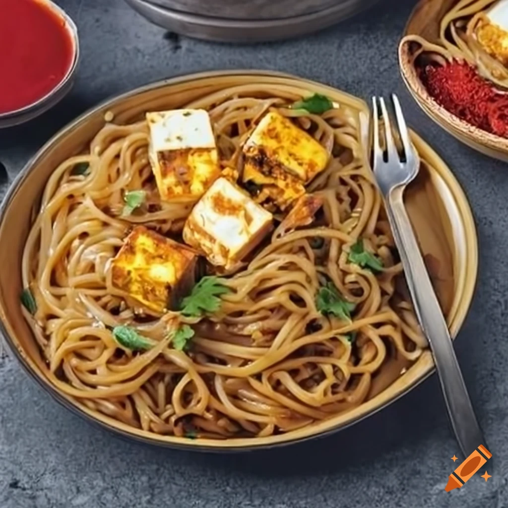 Indian paneer noodles with red spices