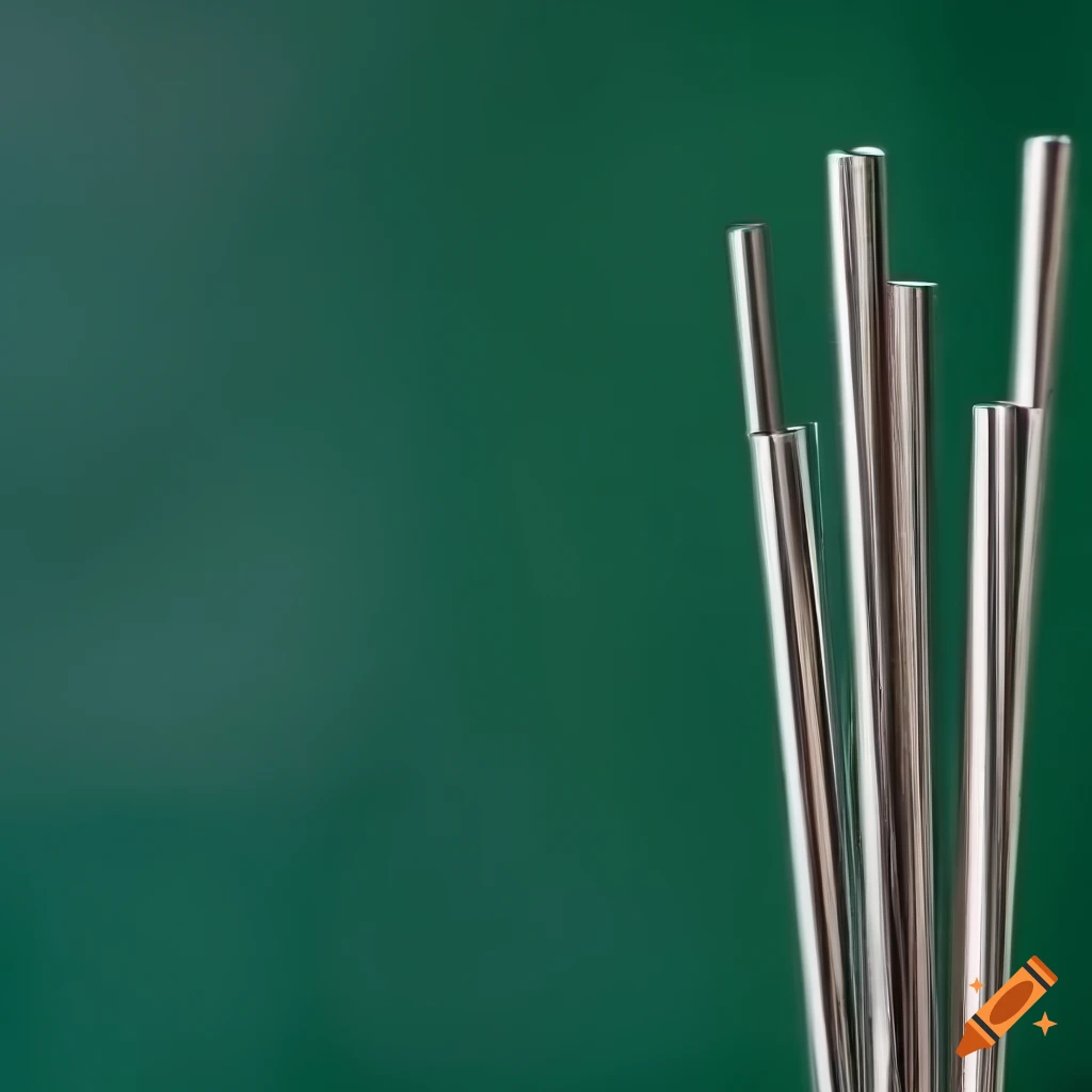 Close up of silver stainless steel straws on dark green background