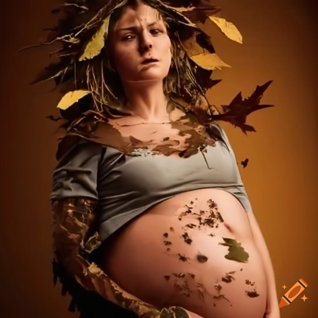 Strong pregnant woman with torn clothes and dirt in a natural setting