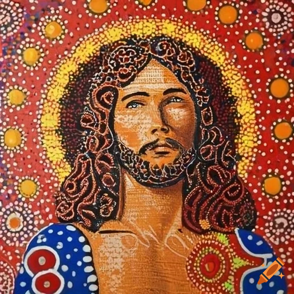 Abstract painting inspired by Soviet Jesus and aboriginal dot art