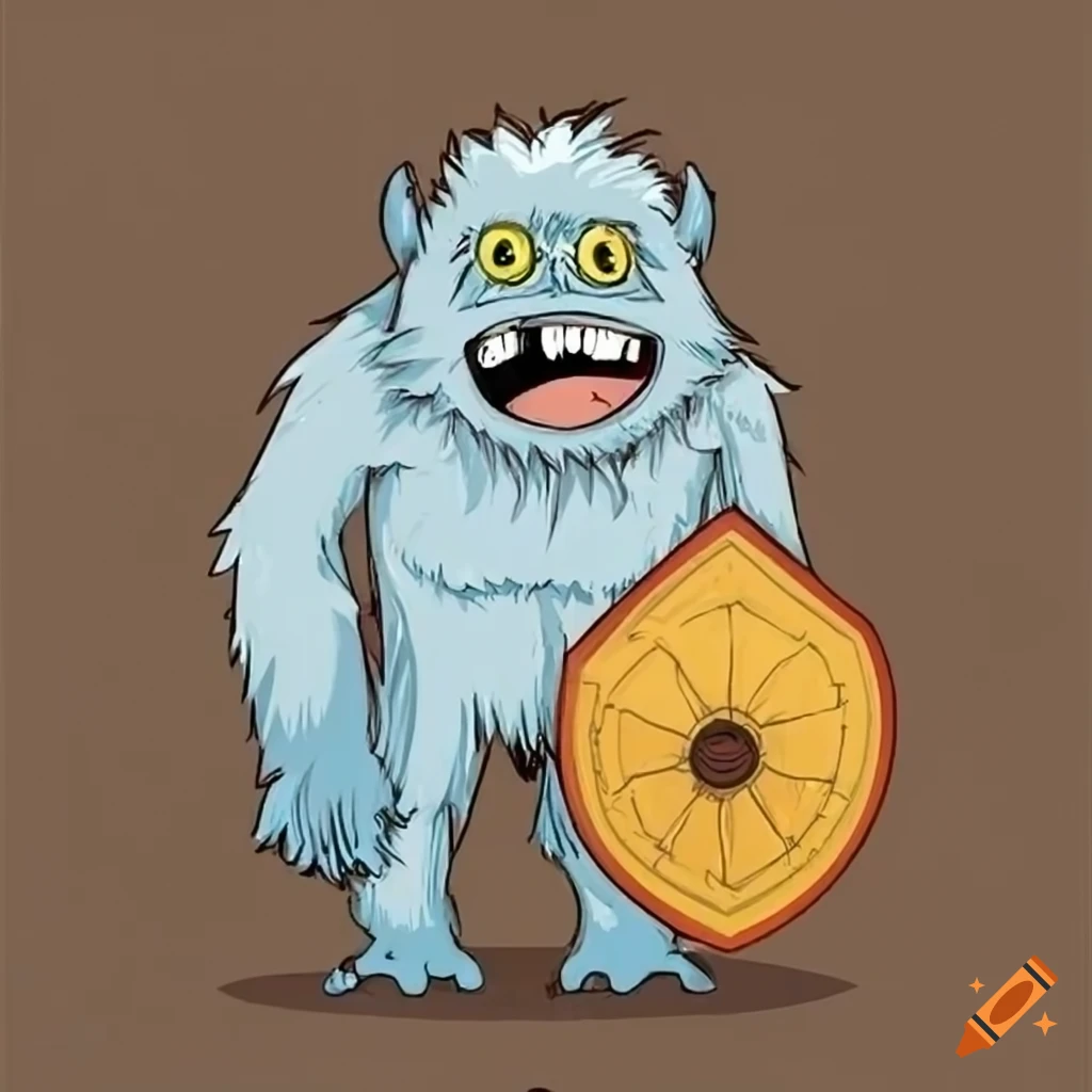 Yeti with a shield in a barren wasteland with hazard signs