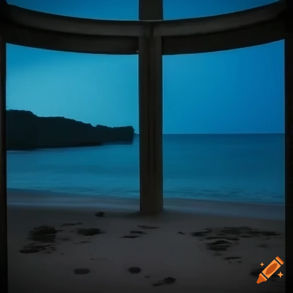 View of ocean from window with chill beach at night