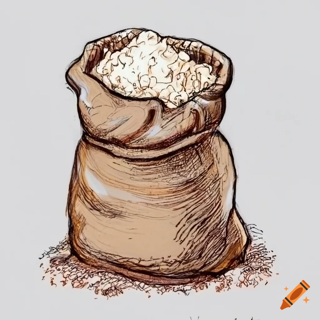 Sack of flour on a white background drawn with crayon in a comic style