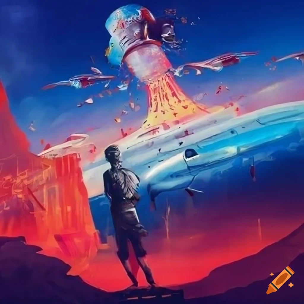 Propaganda-style artwork of flying cars and intergalactic communism with proletarians united