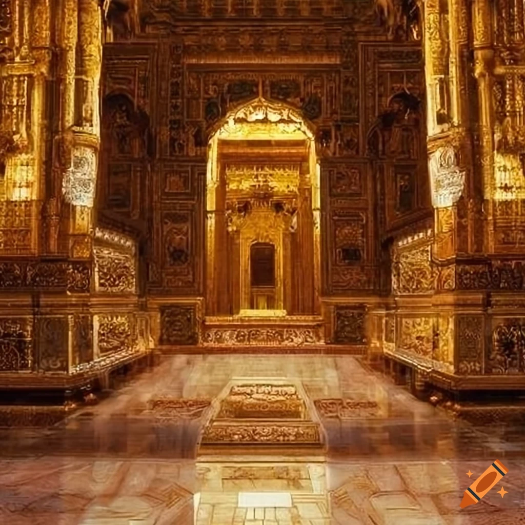 Interior of a Mesopotamian golden temple with shiny marble floor