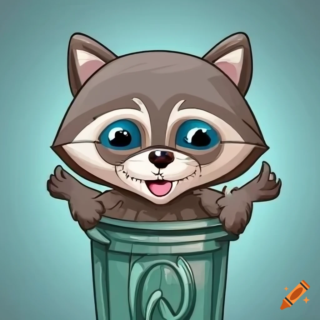 Mischievous smiling cute raccoon cartoon waving from a garbage can