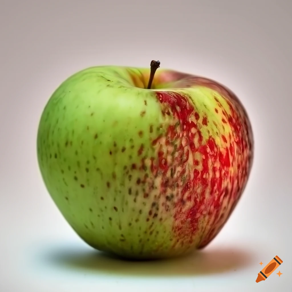 Flat apple with green and red mottled skin on white background