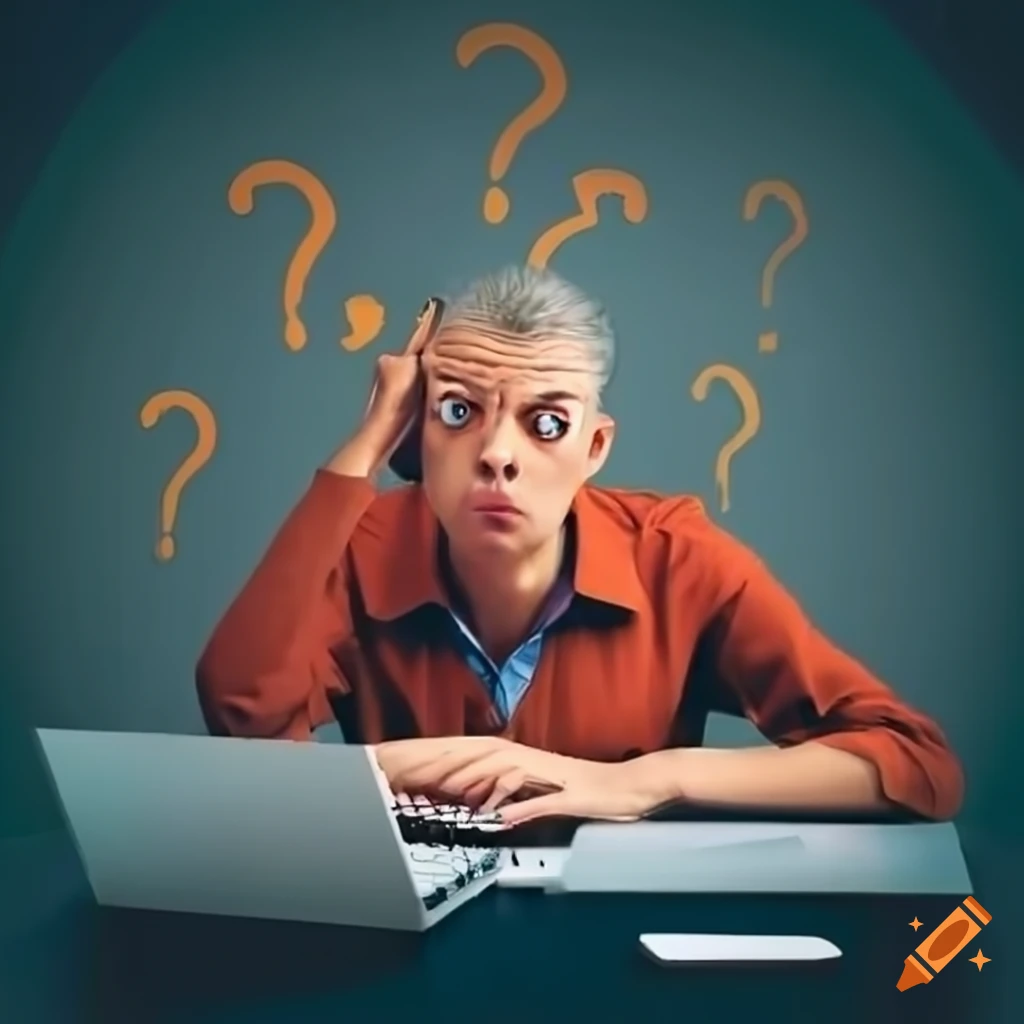Person looking confused while sitting at a computer desk on craiyon