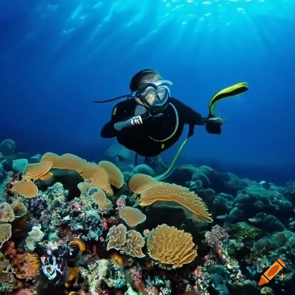 Black diver swimming over coral reef with snorkel and shorts