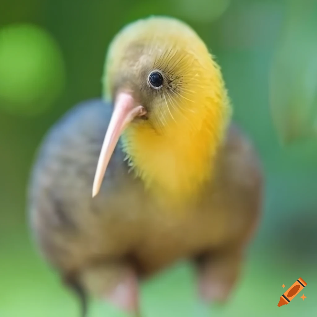 Yellow kiwi bird in camo boonie hiding in a bush