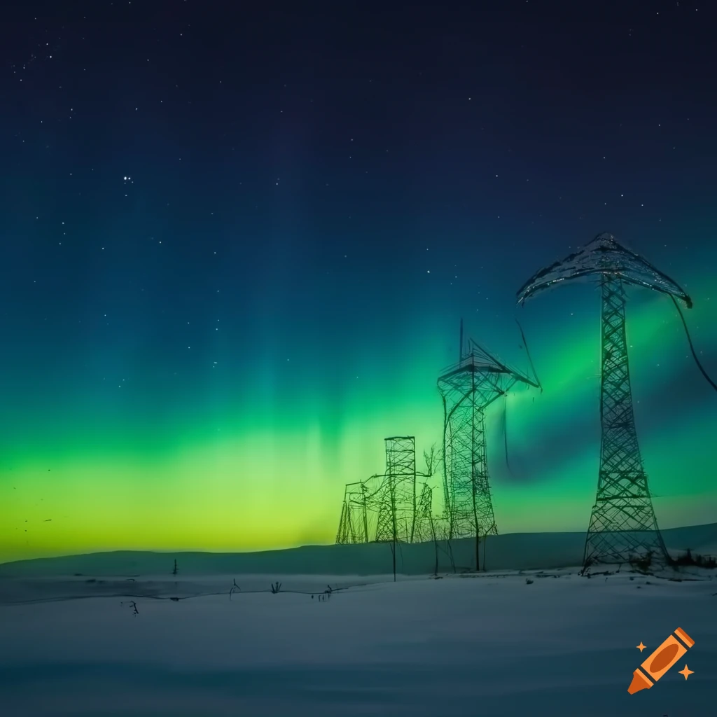 Interconnected high voltage power lines on a landscape with northern lights