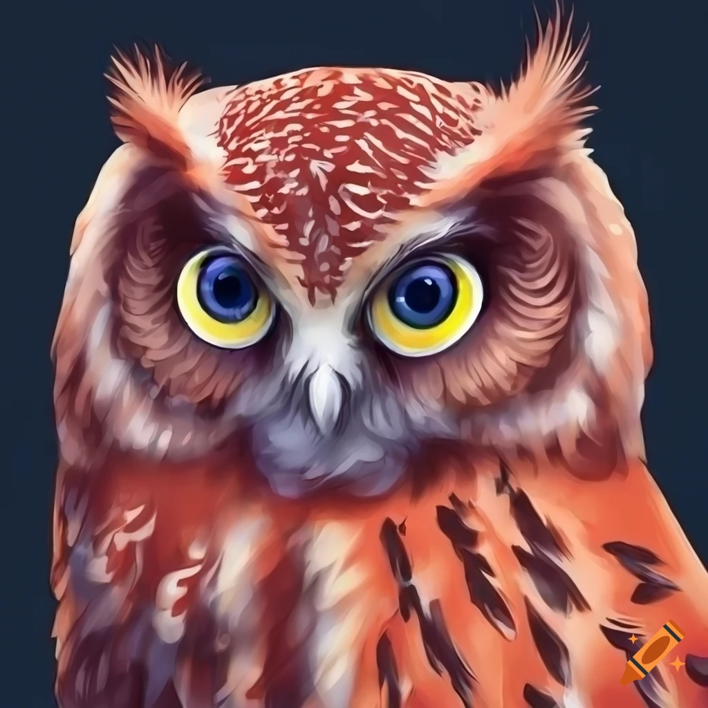 Illustration of a red owl with bright blue eyes on Craiyon