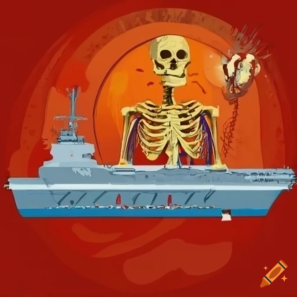 Artistic combination of an aircraft carrier and a realistic skeleton design