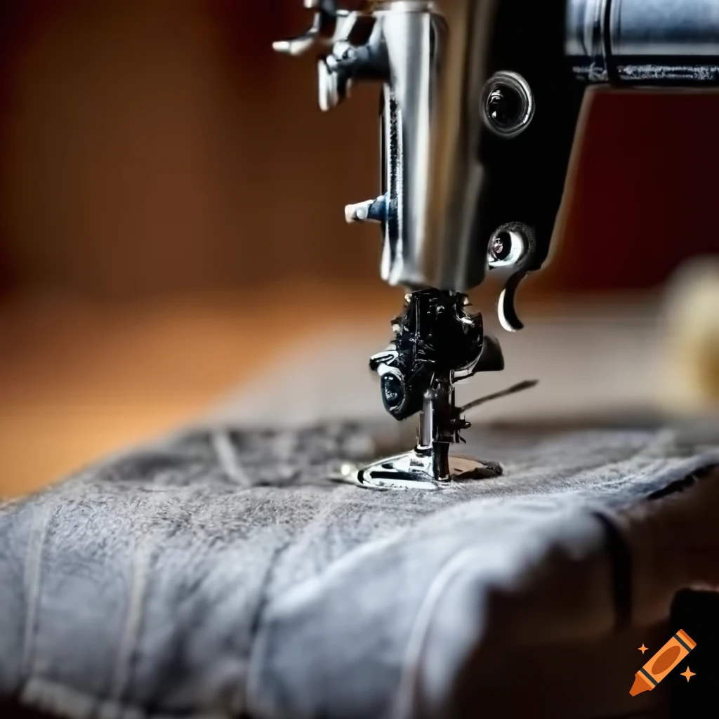 Dummy model wearing jeans with blurred sewing machine in background