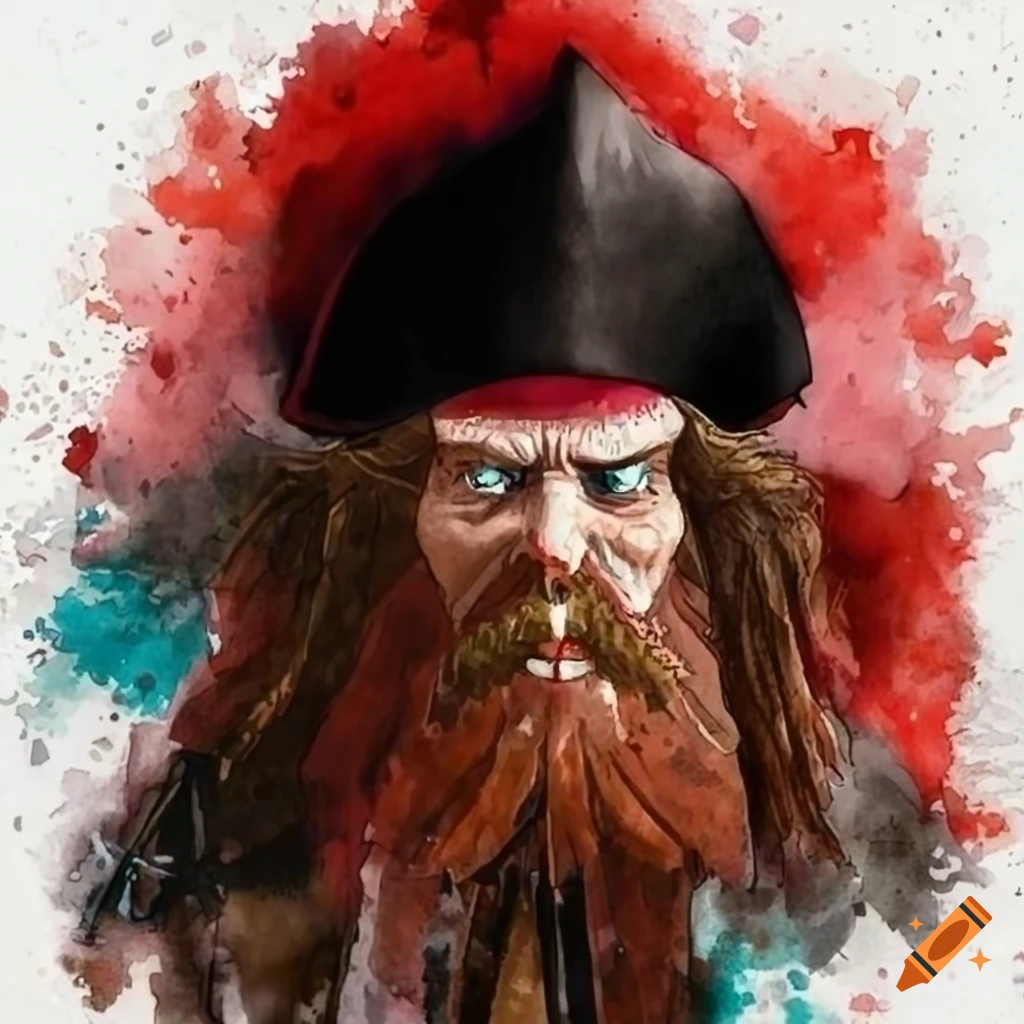 Watercolor Portrait Of A Confident Blackbeard With Classic Pirate Theme