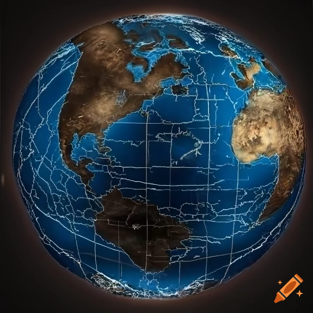 Mapa-mundi estilizado mostrando a diversidade global dos mundos do sistema solar