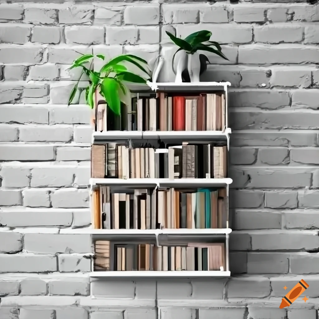 White brick wall with plants and books on shelves on Craiyon