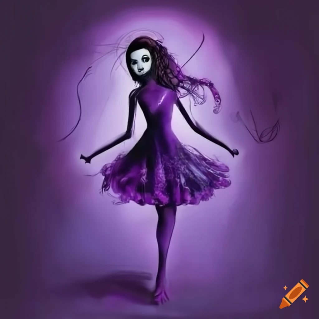 Amy Lee dancing with an umbrella in Tim Burton style, purple