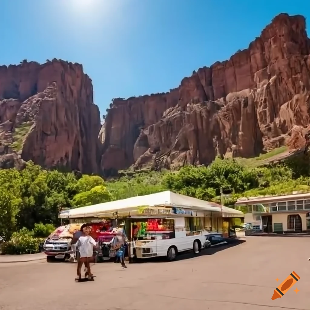 Sunny day outside with a large local supermarket in a canyon setting