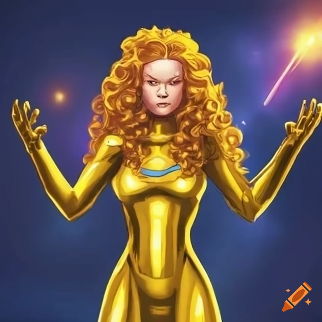 Solar superhero with short curly golden hair and golden suit manipulating solar energy