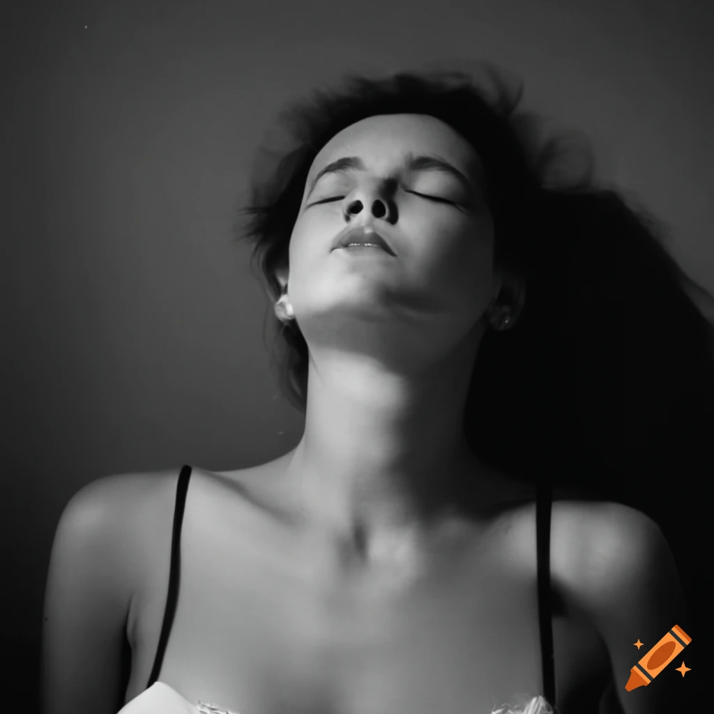 Young Tea Leoni with arms overhead sleeping in a tank top with dramatic shadows