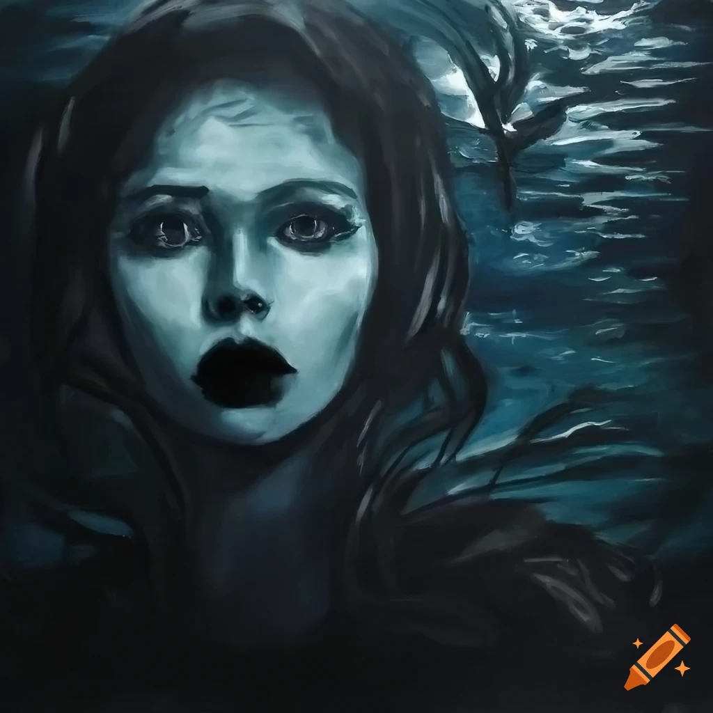 Lady of the lake in an underwater forest pallet knife painting in black and white on Craiyon