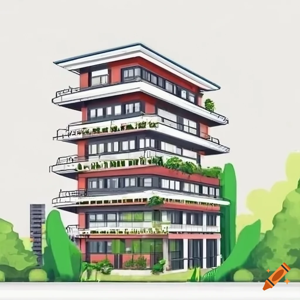 Design of a modern 7-story industrial building with balconies and rooftop garden