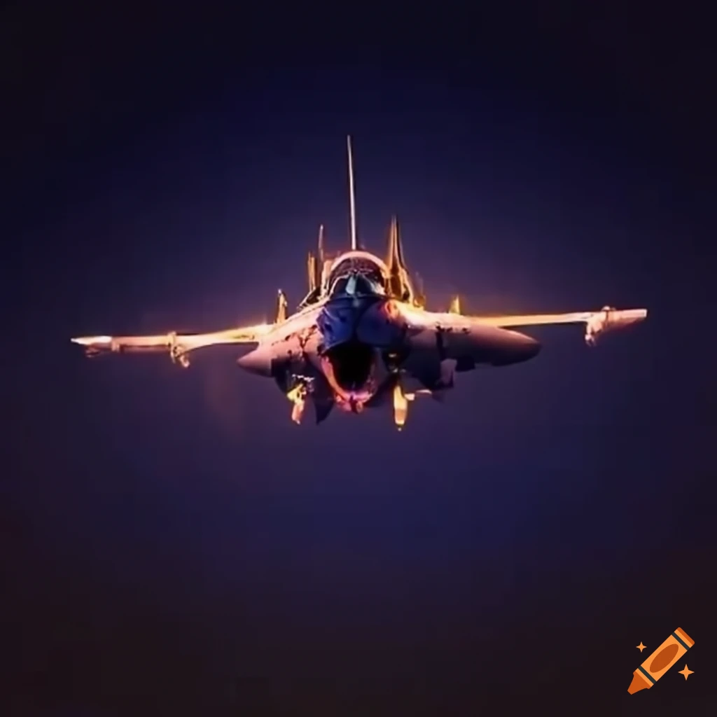 Turkish fighter jet flying over city skyline at night on Craiyon