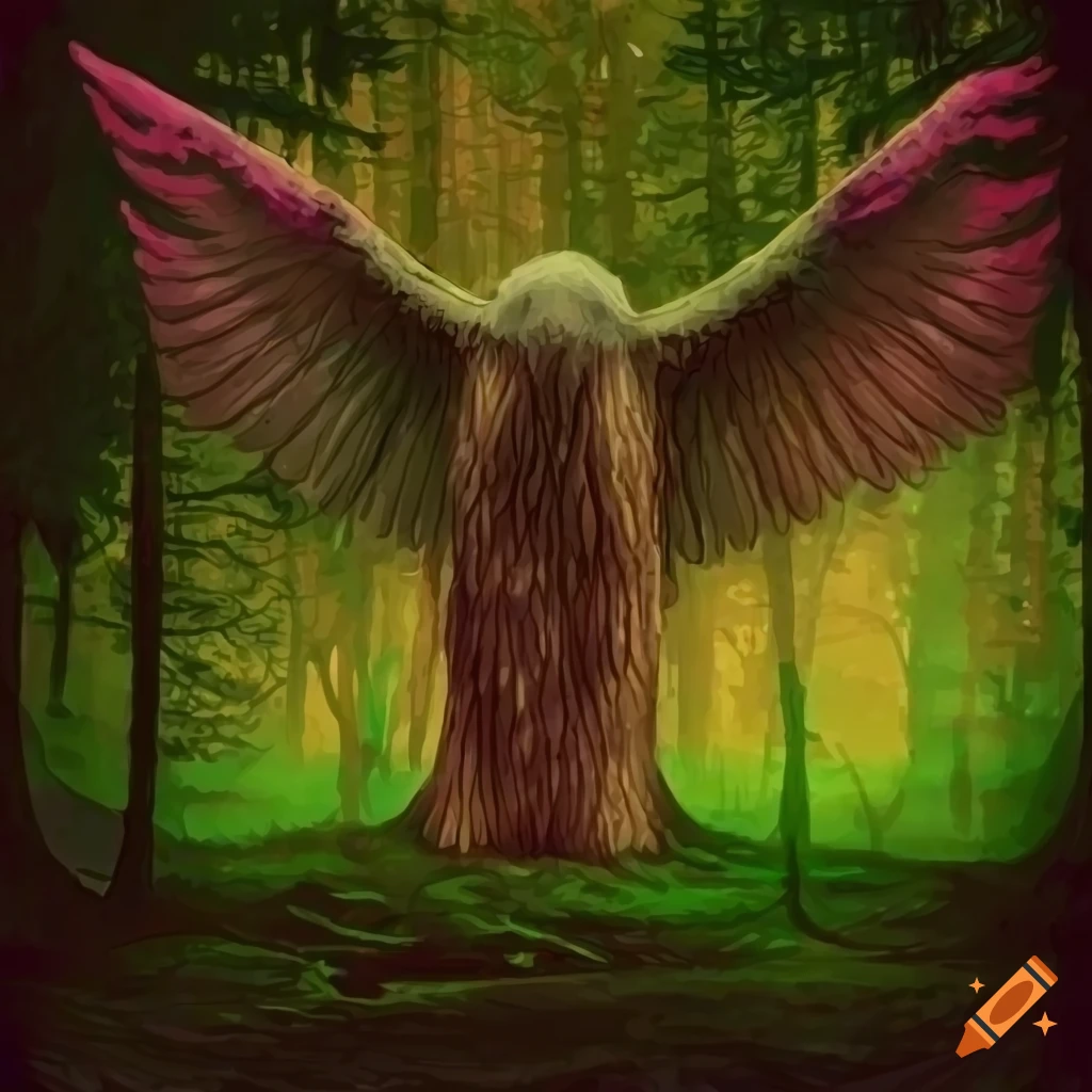 Pink legendary animal hybrid with wings in a forest at night