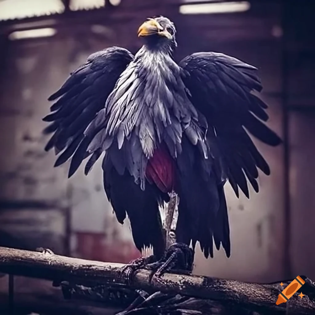 Black feathered Xatu perched in abandoned mall garage at night