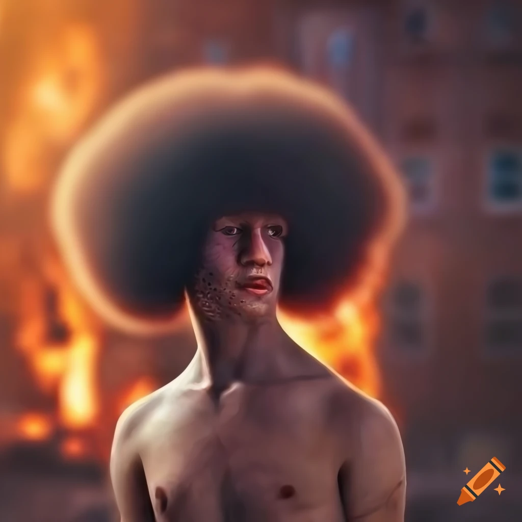 Half man, half chicken with an afro in a detailed and realistic depiction