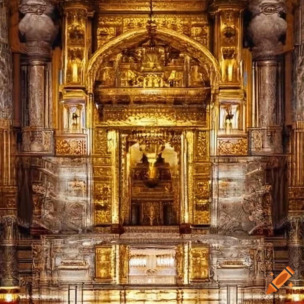 Interior of a Mesopotamian golden temple with shiny marble floor