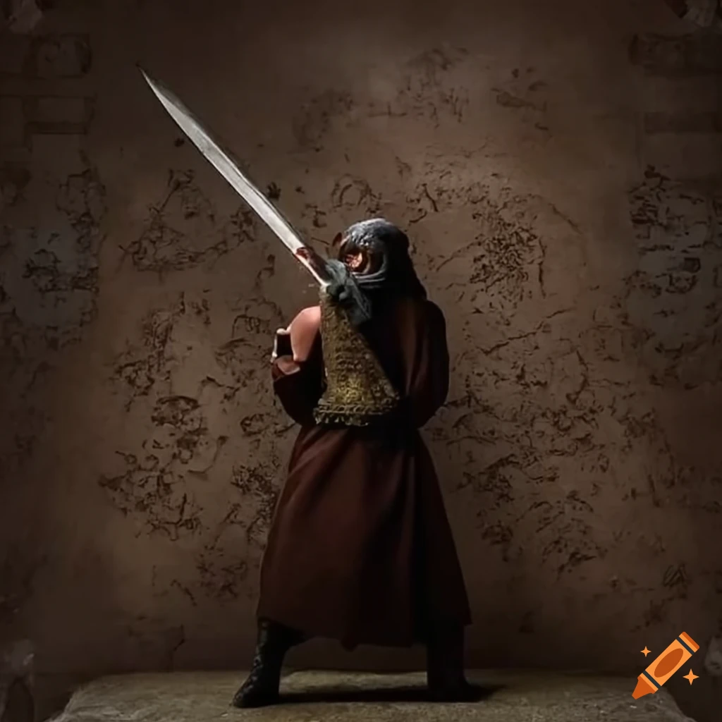 Islamic ancient warrior with sword gazing at a towering steel brick wall