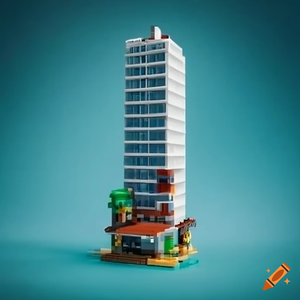 Lego skyscraper with a train station underneath and a box at the top on Craiyon