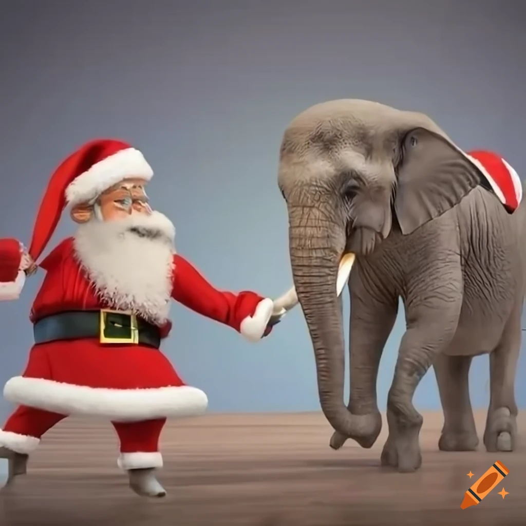 Santa battling elephants with a christmas tree on Craiyon