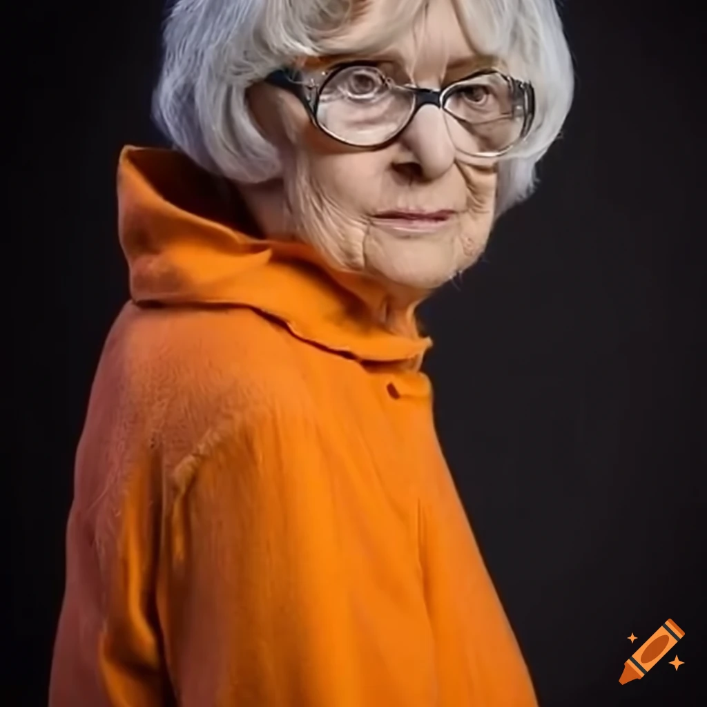 Elderly woman with velma dinkley haircut and white framed eyeglasses in ...