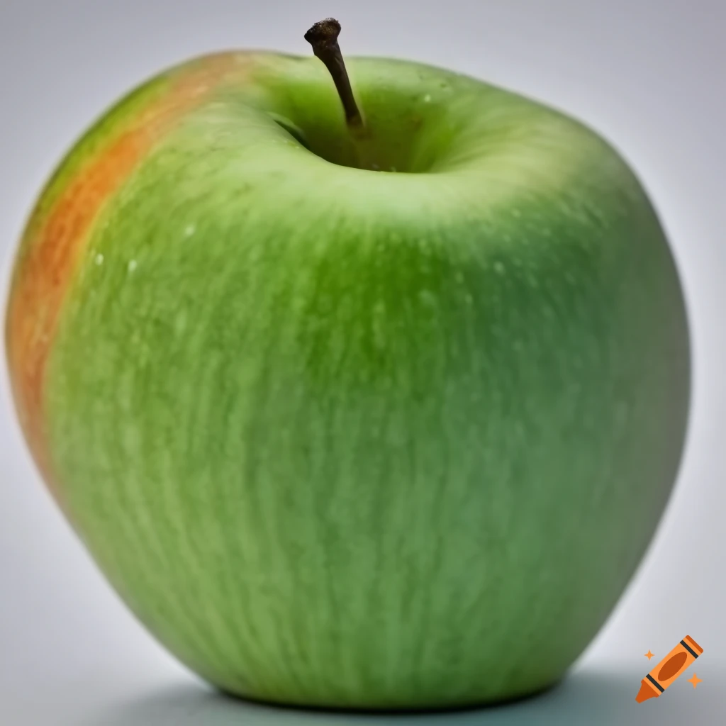 Green and orange striped apple on white background