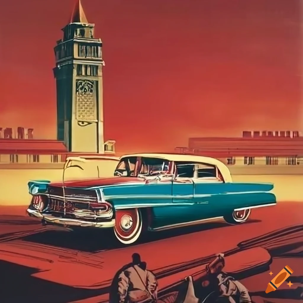 Vintage cadillac on a Soviet era propaganda poster