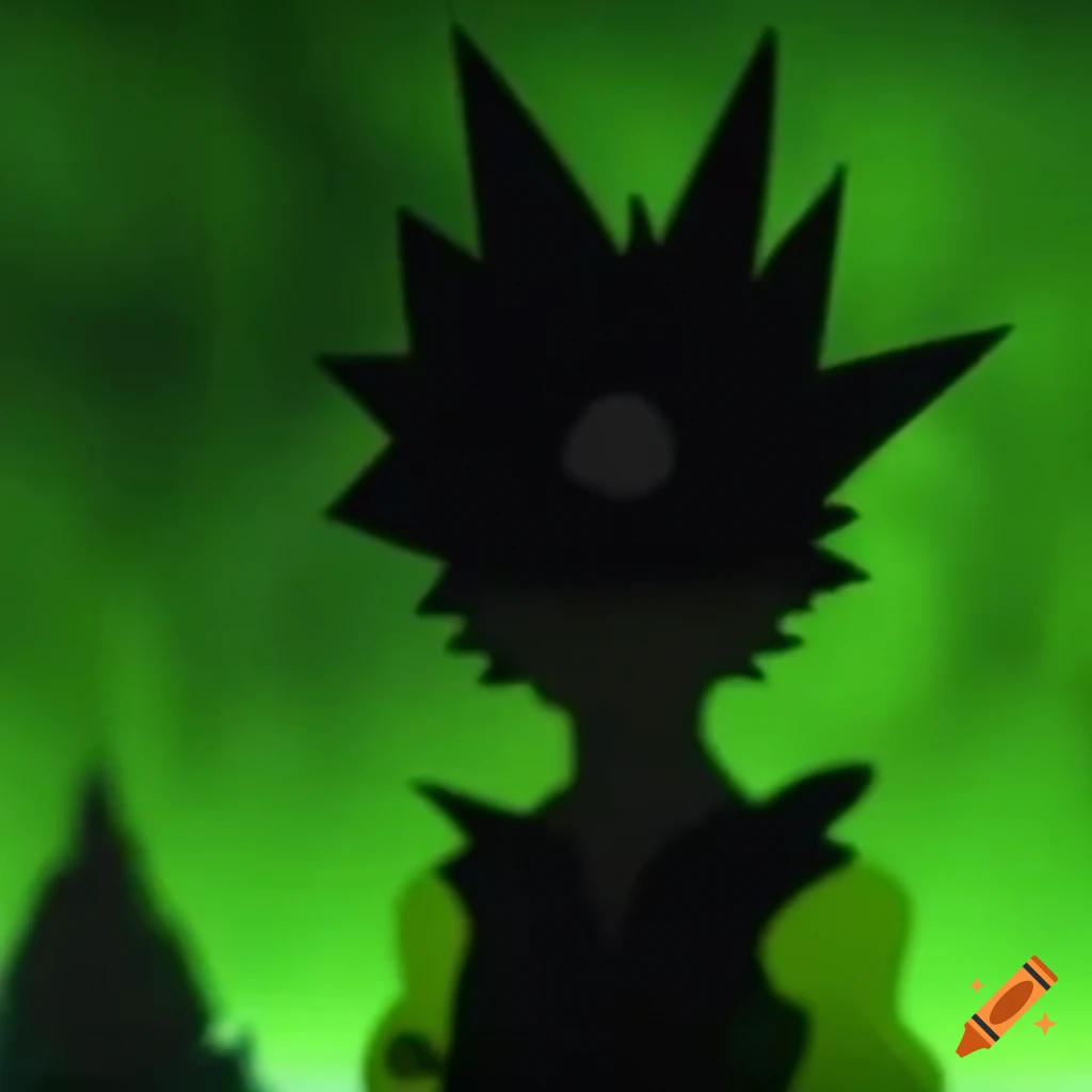 Black anime character in green flames with an evil glimpse in the eye
