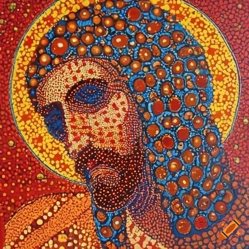 Abstract painting inspired by Soviet Jesus and aboriginal dot art