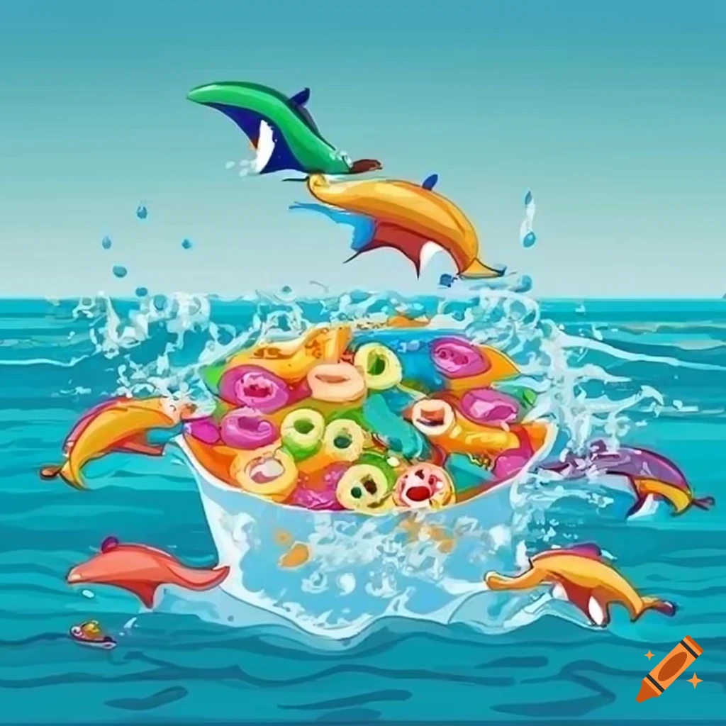 Colorful cereal box with cartoon dolphins in a beach setting on Craiyon