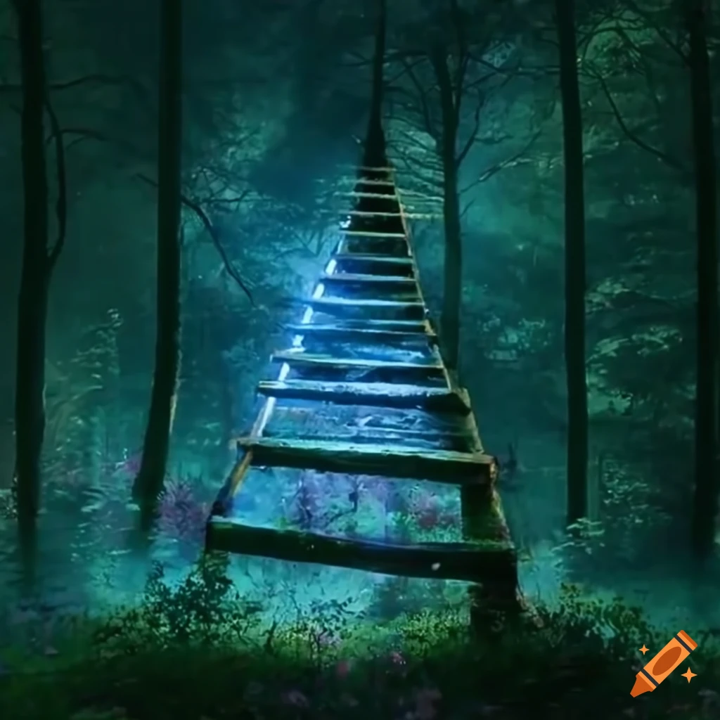 Glowing ladder in an ethereal forest surrounded by roses reaching to