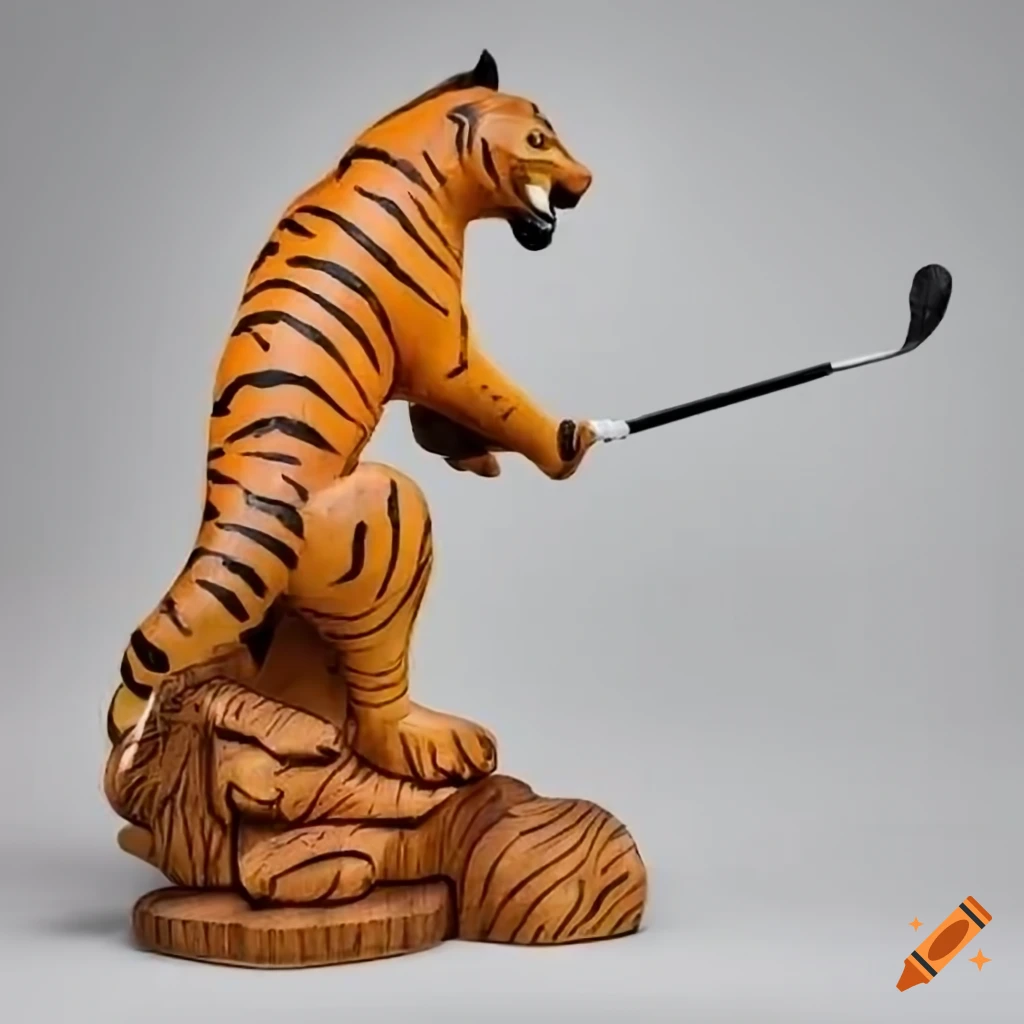 Wooden tiger statue playing golf on Craiyon