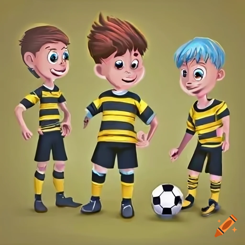 cartoon-kids-football-team-in-yellow-and-black-striped-shirts-playing