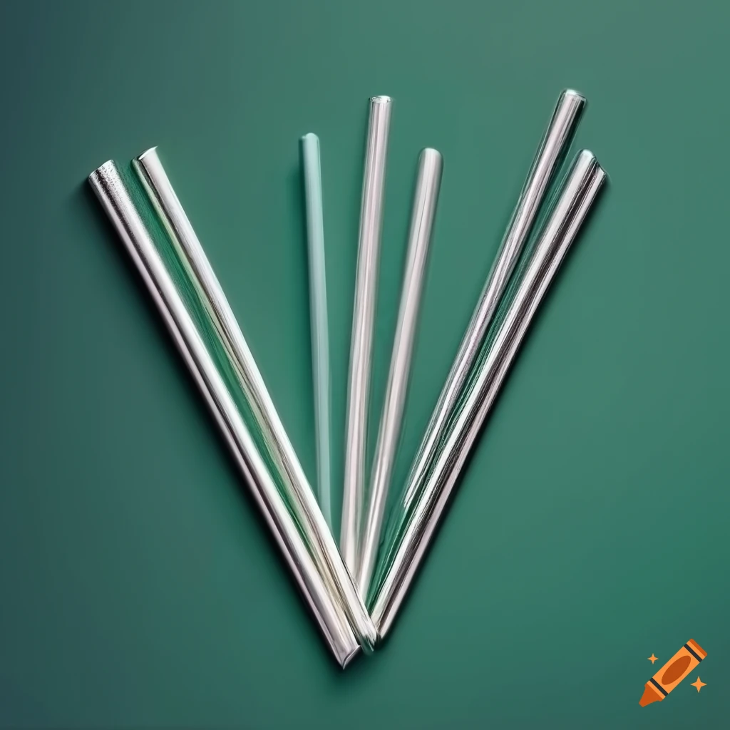 Silver stainless steel straws in different lengths on dark green background